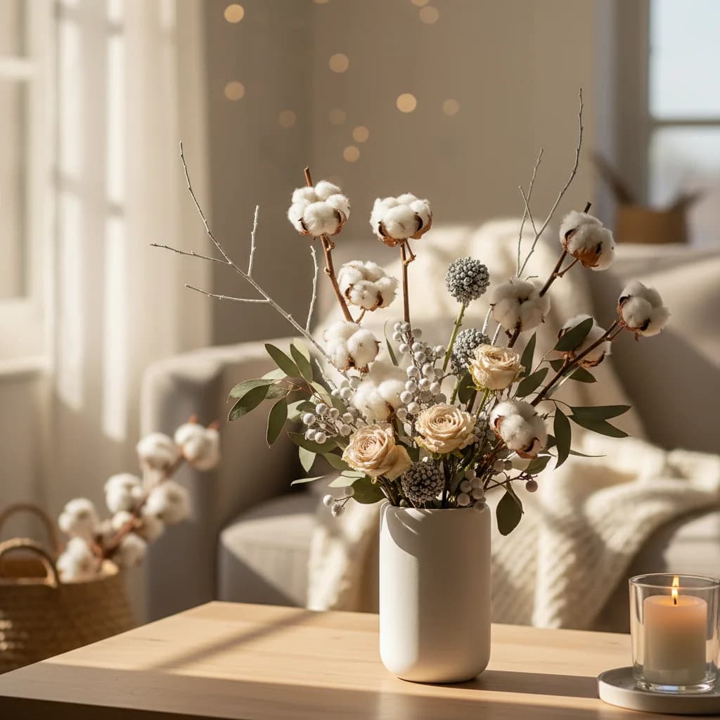 겨울 인테리어 치트키! 시들지 않는 '목화솜' & 겨울 가지 화병 꽂이 스타일링