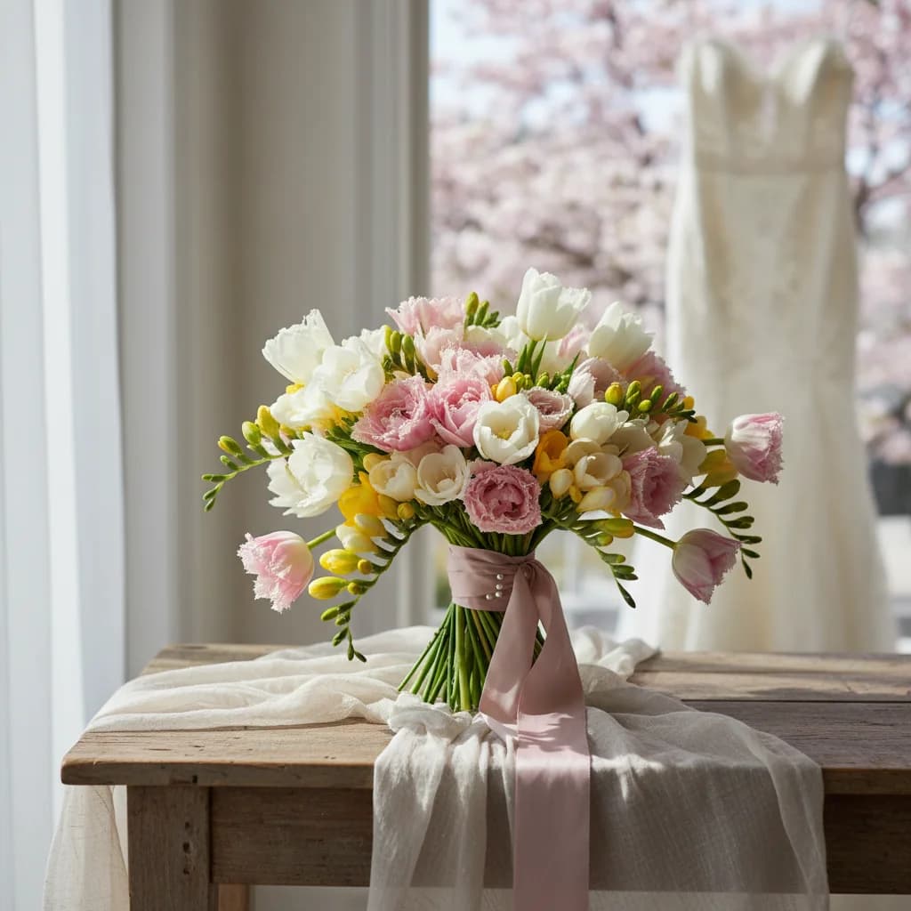 2026 봄 웨딩 부케 추천: 튤립과 프리지아 신부 스타일링