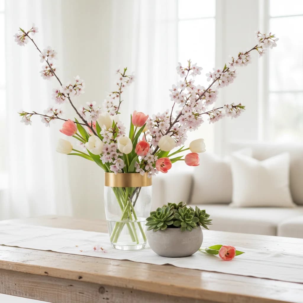 화병 하나로 끝내는 봄 플랜테리어: 벚꽃 가지와 튤립 활용법