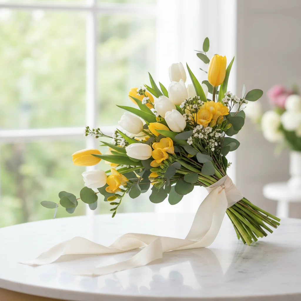 봄 웨딩 부케 추천: 드레스 라인별 튤립과 프리지아 신부 스타일링